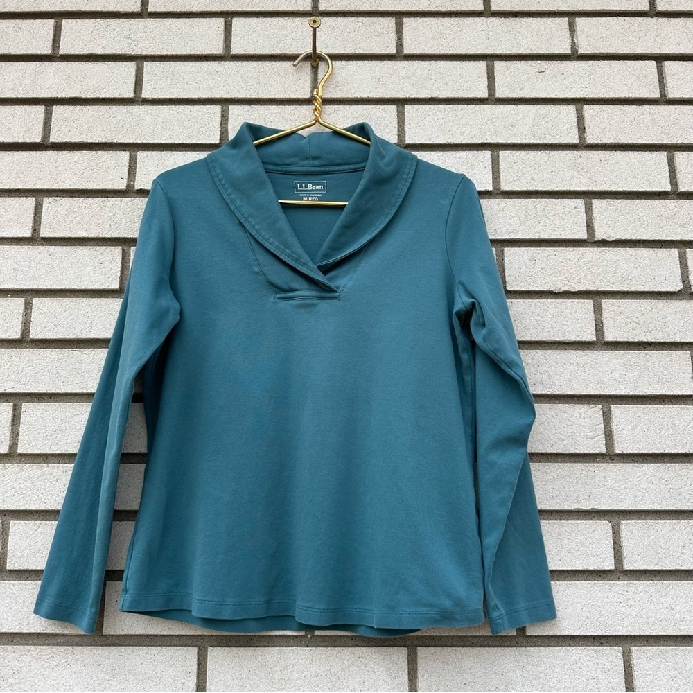 L.L.Bean Teal Shawl Collar Pullover Long Sleeve Cotton Top Classic Casual Medium